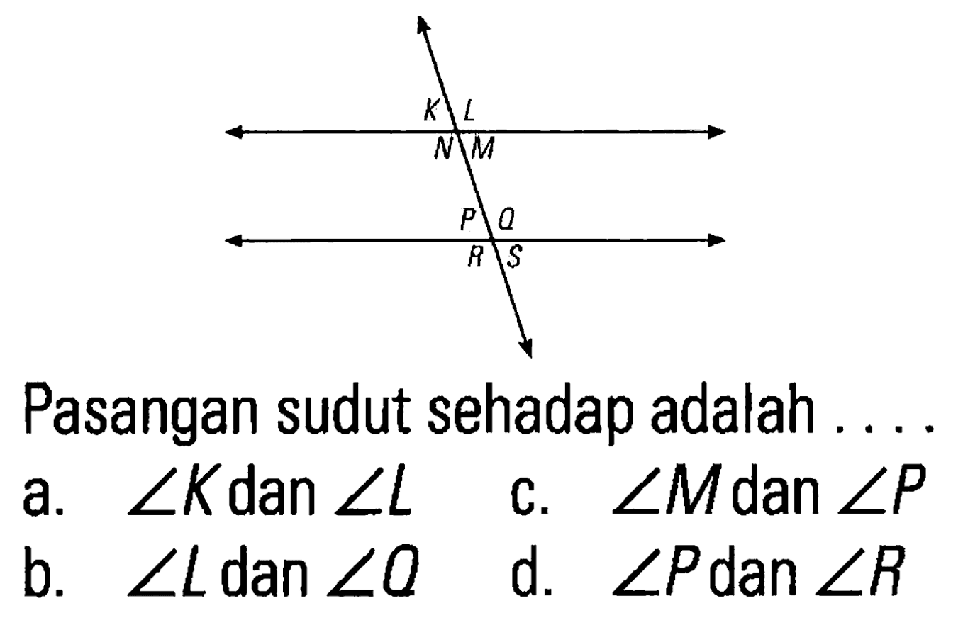 K L N M P Q R S 
Pasangan sudut sehadap adalah ....