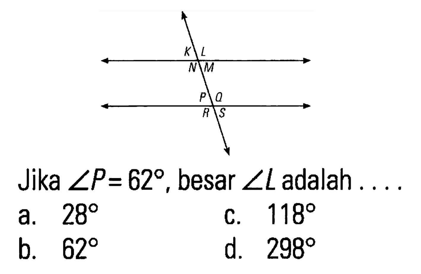 Jika sudut P = 62, besar L adalah ....
K L M N P Q R S