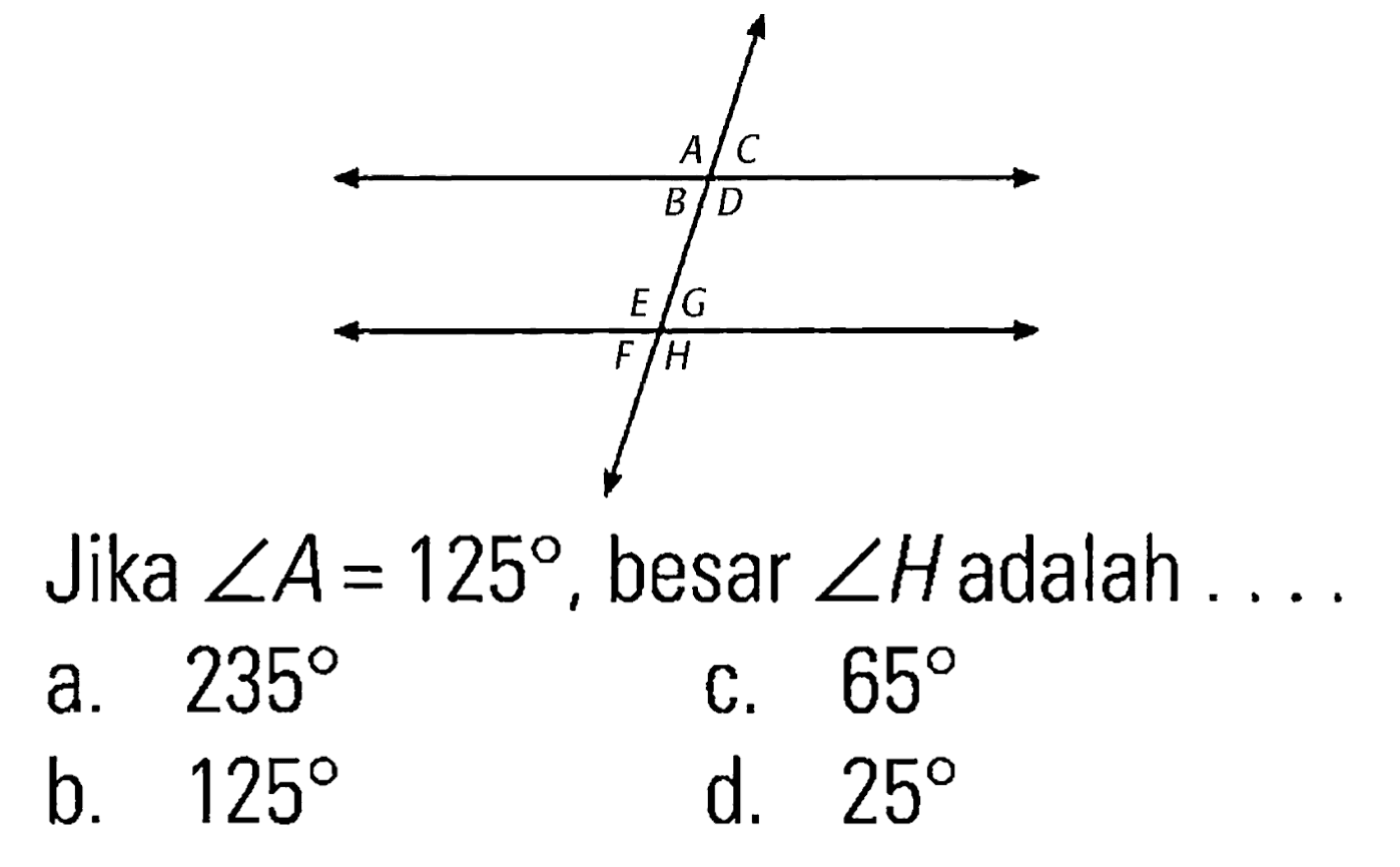 A C B D E G F H 
Jika sudut A = 125, besar sudut H adalah ....