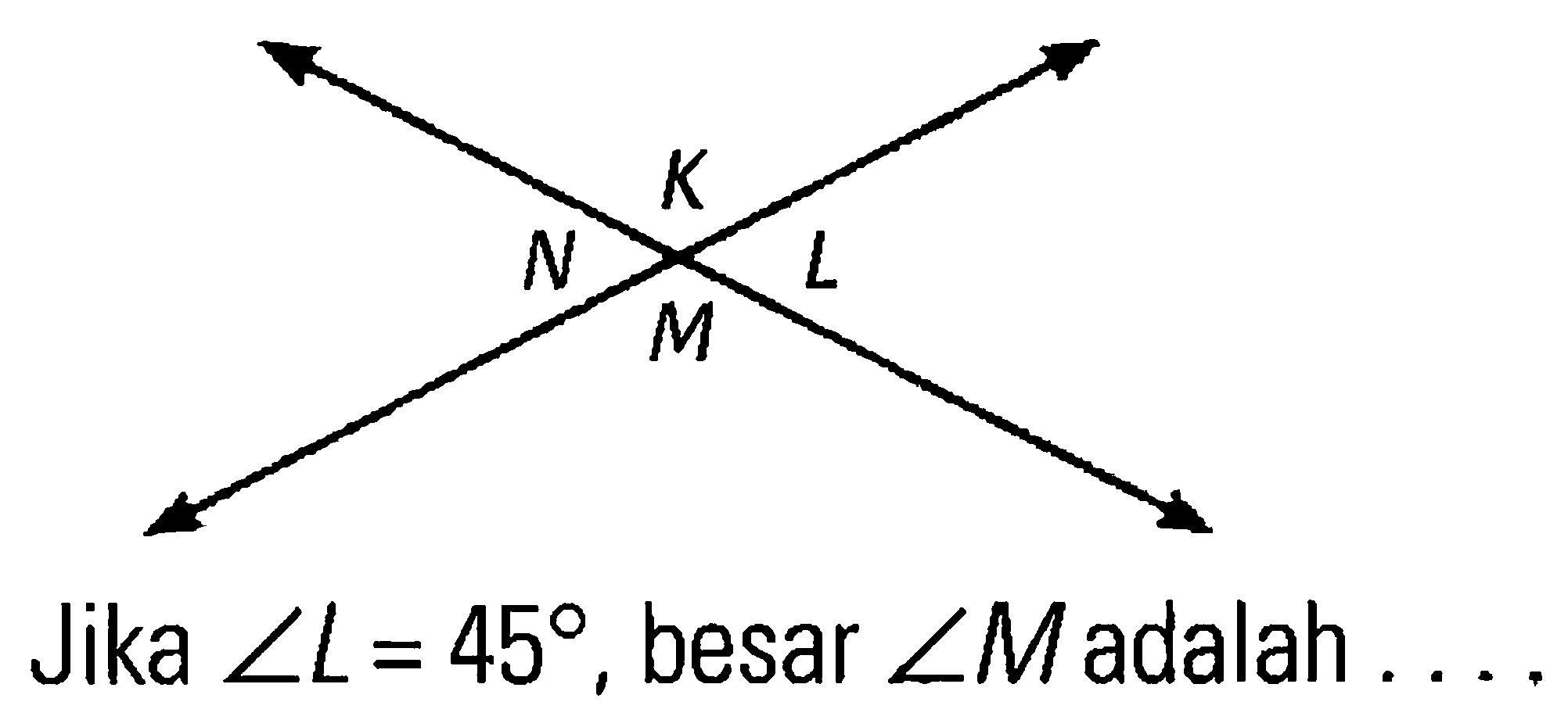 K N L M 
Jika sudut L = 45, besar sudut M adalah ....