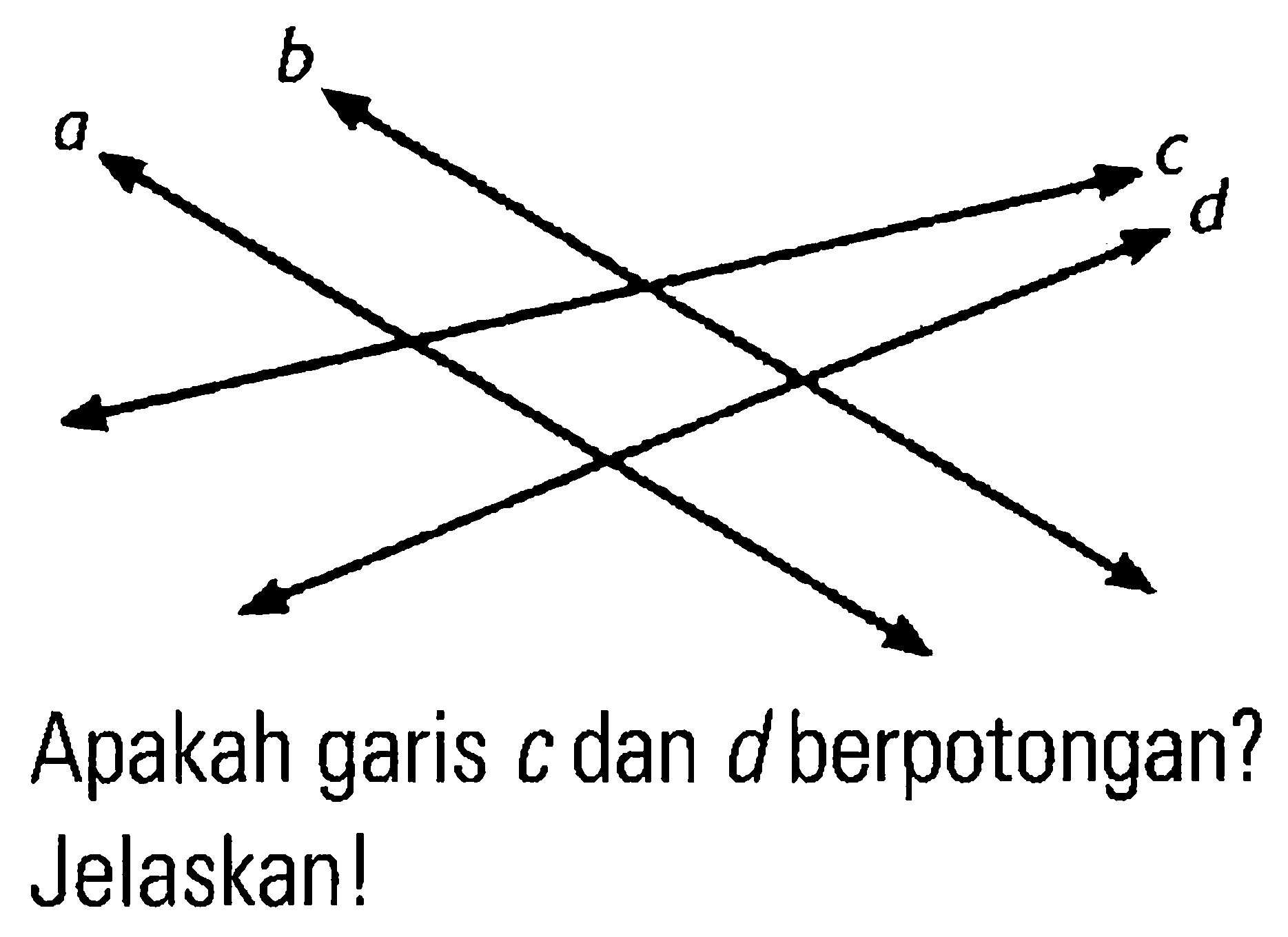 a b c d
Apakah garis  c  dan  d  berpotongan? Jelaskan!