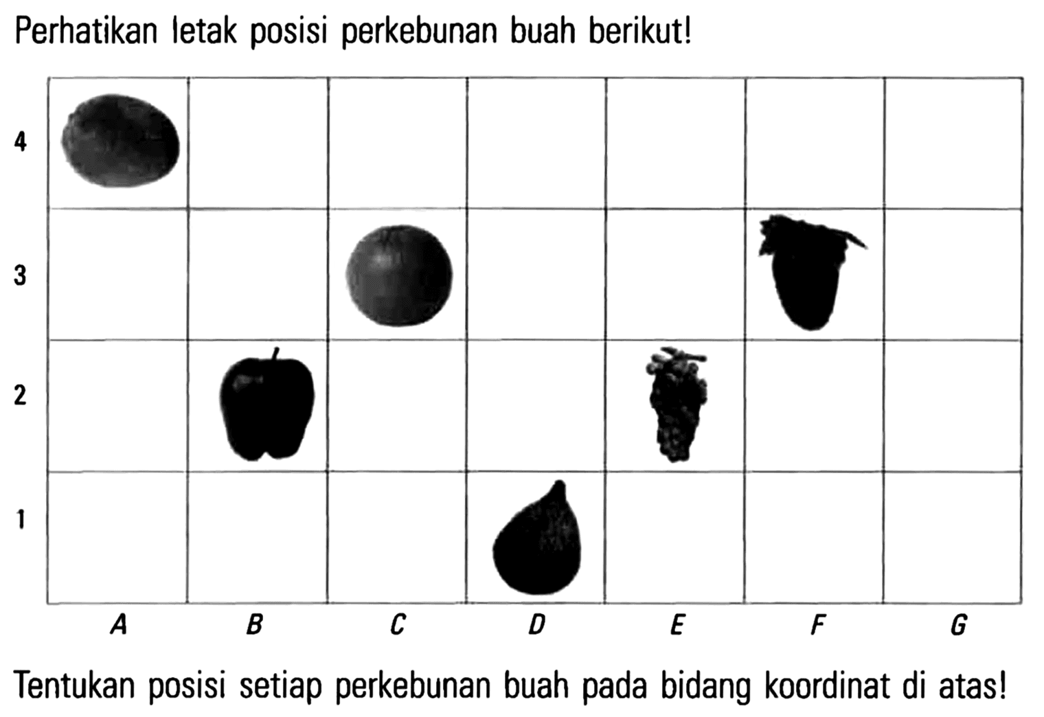 Perhatikan letak posisi perkebunan buah berikut! 4 3 2 1 A B C D E F G Tentukan posisi setiap perkebunan buah pada bidang koordinat di atas!