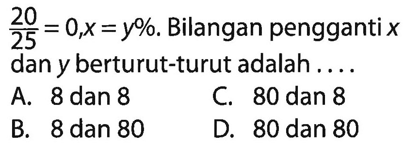 20/25=0,x=y%. Bilangan pengganti x dan y berturut-turut adalah ....