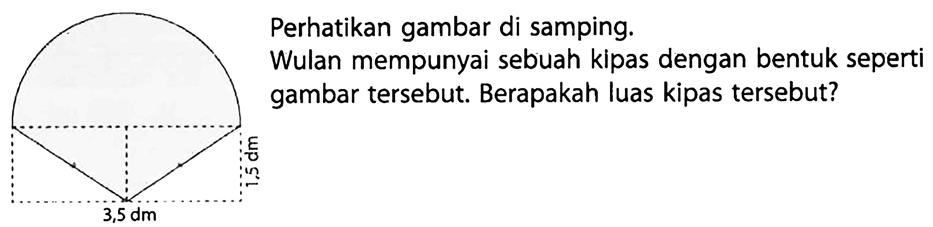 3,5 dm 1,5 dm 
Perhatikan gambar di samping. 
Wulan mempunyai sebuah kipas dengan bentuk seperti gambar tersebut. Berapakah luas kipas tersebut?