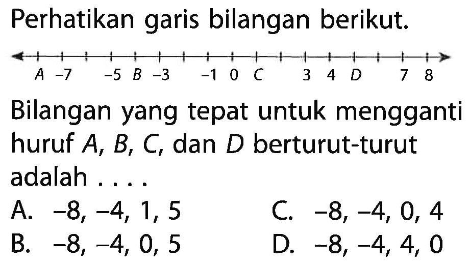 Perhatikan bilangan berikut. Bilangan yang tepat untuk mengganti huruf A, B, C, dan D berturut-turut adalah . . . .