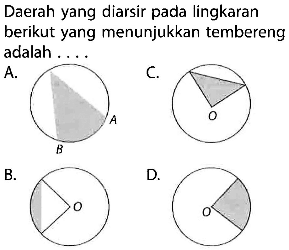 Daerah yang diarsir pada lingkaran berikut yang menunjukkan tembereng adalah A. C A B B. D