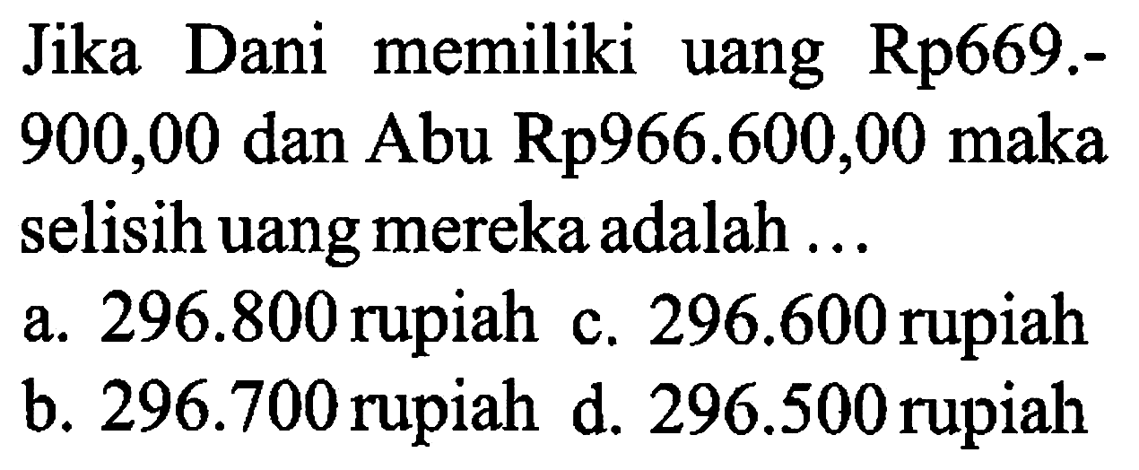 Jika Dani memiliki uang Rp669.900,00 dan Abu Rp966.600,00 maka selisih uang mereka adalah ...
