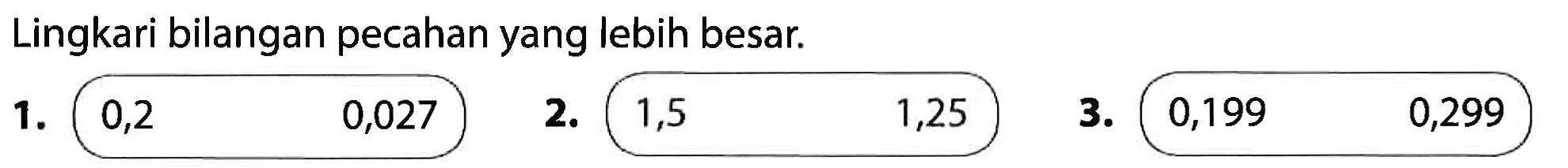 Lingkari bilangan pecahan yang lebih besar 1. 0,2 ... 0,027 2. 1,5 .... 1,25 3. 0,199 ... 0,299