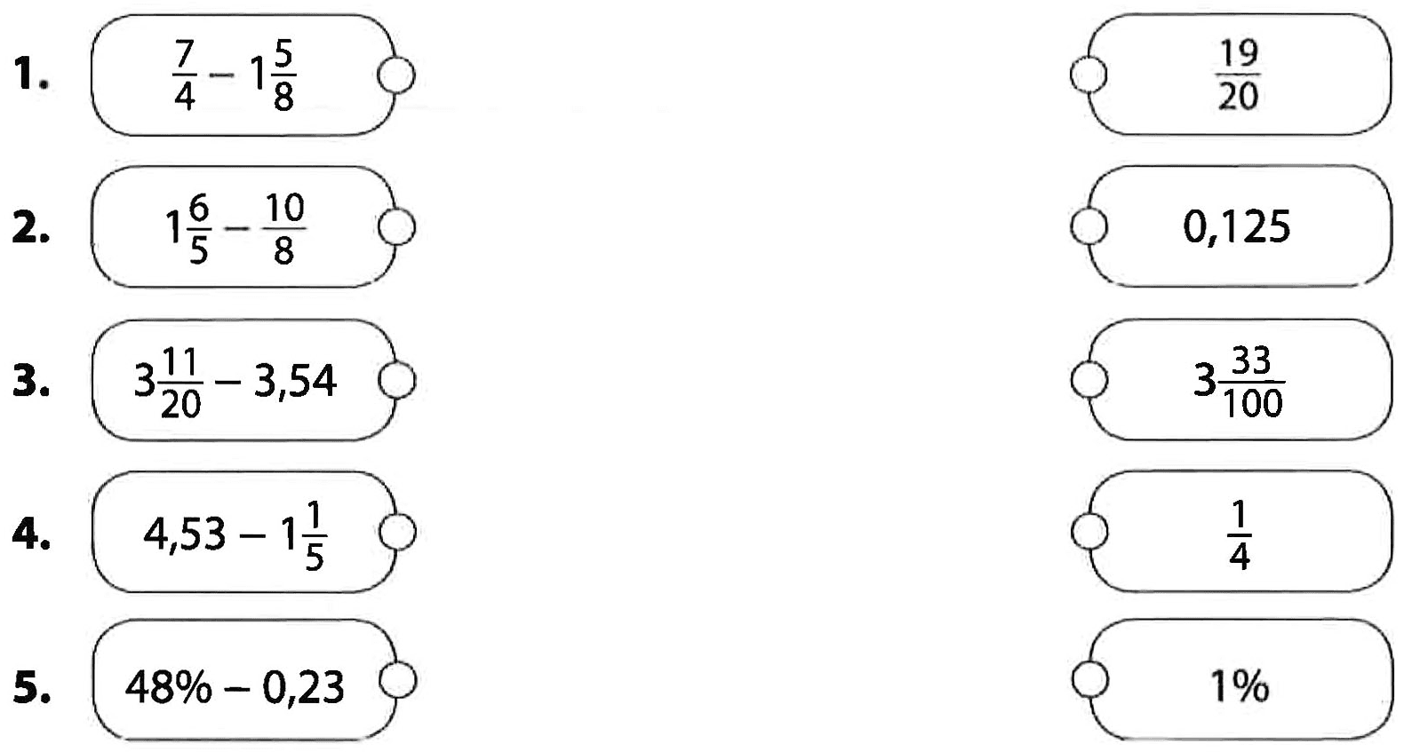 1. 7/4 - 1 5/8 
2. 1 6/5 - 10/8 
3. 3 11/20 - 3,54 
4. 4,53 - 1 1/5 
5. 48% - 0,23