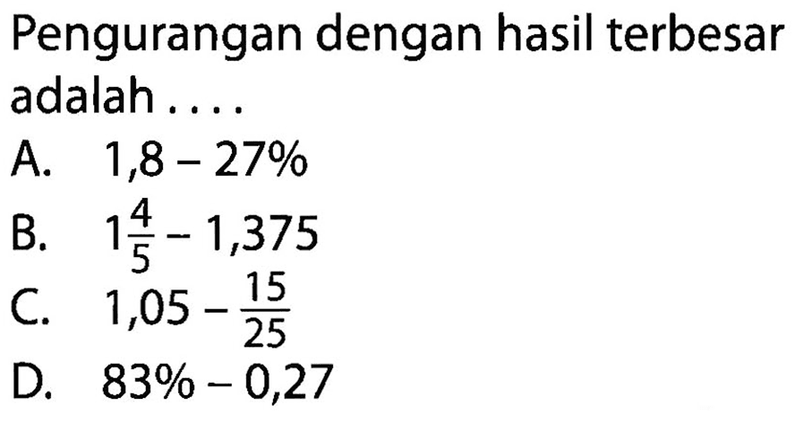 Pengurangan dengan hasil terbesar adalah ....
A. 1,8-27% B. 1 4/5-1,375 C. 1,05- 15/25 D. 83%-0,27