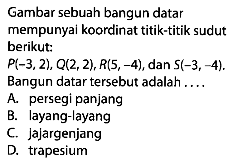 Gambar sebuah bangun datar mempunyai koordinat titik-titik sudut berikut:
 P(-3, 2), Q(2, 2), R(5, -4), dan S(-3, -4).
 Bangun datar tersebut adalah . . . .