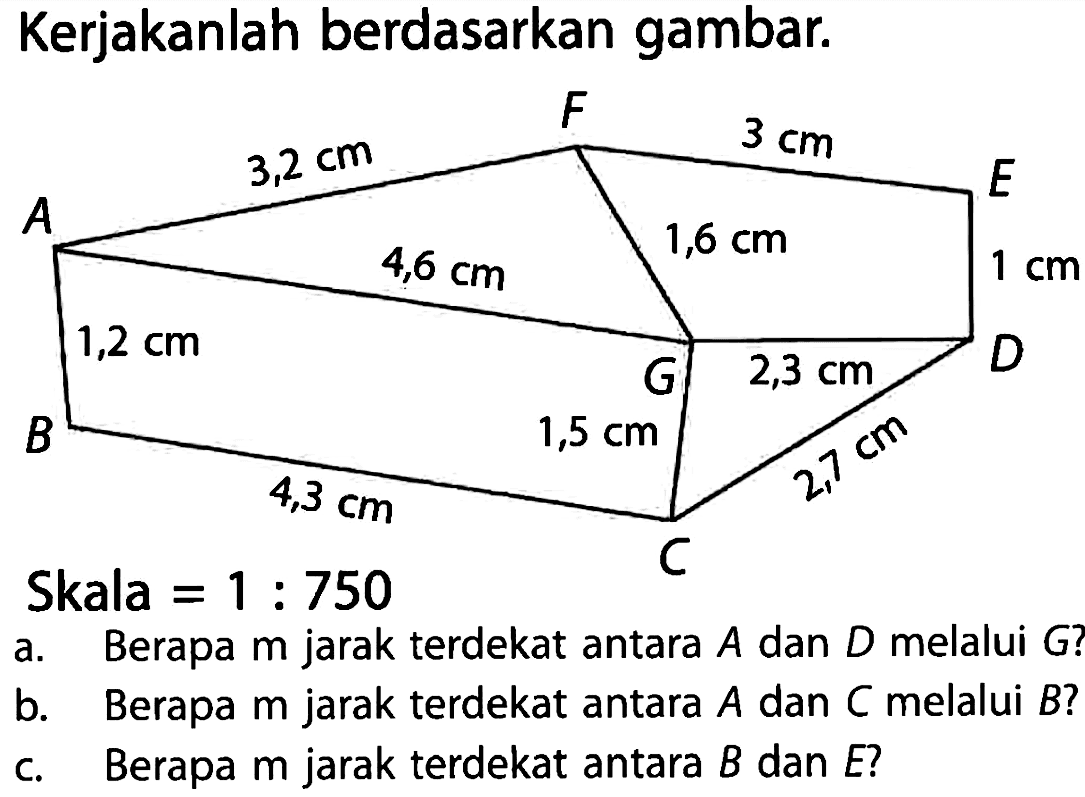 Kerjakanlah berdasarkan gambar. Skala = 1 : 750 a. Berapa m jarak terdekat antara A dan D melalui G ? b. Berapa m jarak terdekat antara A dan C melalui B ? c. Berapa m jarak terdekat antara B dan E?