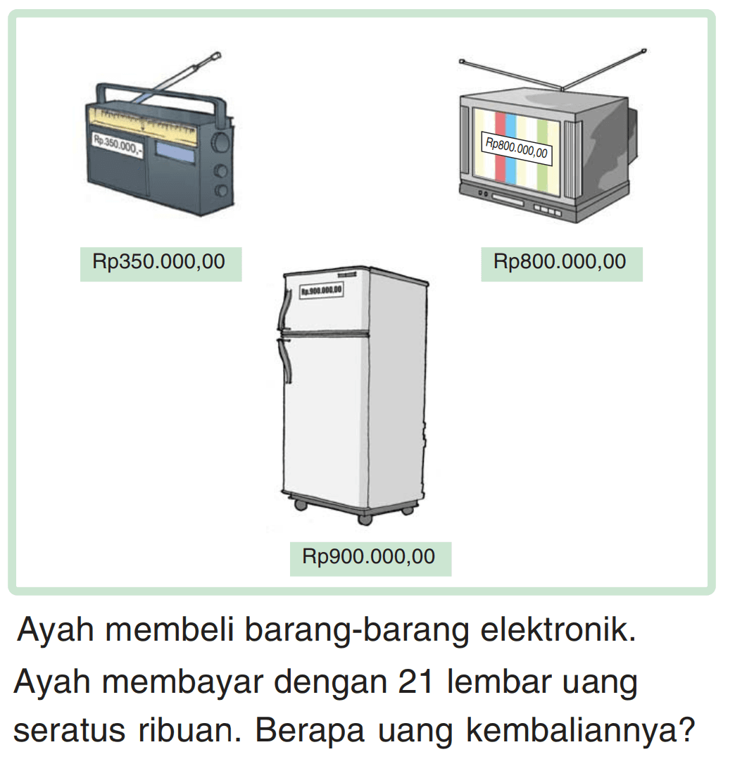 Rp350.000,00 
Rp800.000,00 
Rp900.000,00 
Ayah membeli barang-barang elektronik. Ayah membayar dengan 21 lembar uang seratus ribuan. Berapa uang kembaliannya?