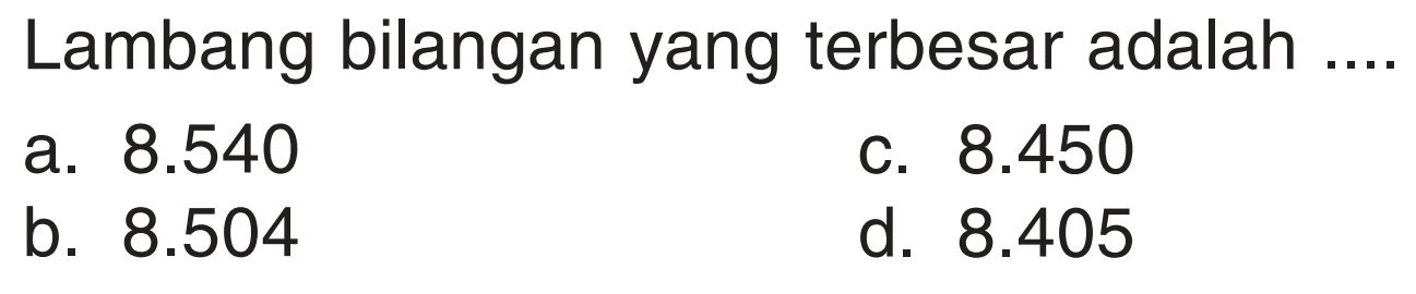 Lambang bilangan yang terbesar adalah .... 
a. 8.540 
b. 8.504 
c. 8.450 
d. 8.405 