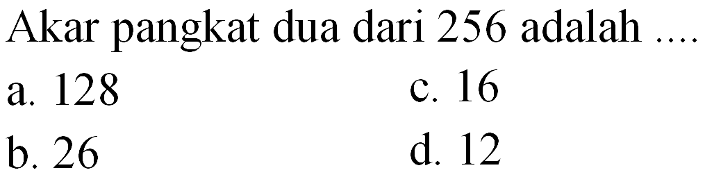 Akar pangkat dua dari 256 adalah ....