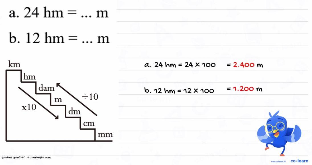 a. 24 hm = ... m b. 12 hm = ... m km hm dam m dm cm mm