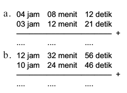 a. 04 jam 08 menit 12 detik
 03 jam 12 menit 21 detik
 ____________________ +
 .... .... ....
 b. 12 jam 32 menit 56 detik
 10 jam 24 menit 46 detik
 ____________________ +
 .... .... ....