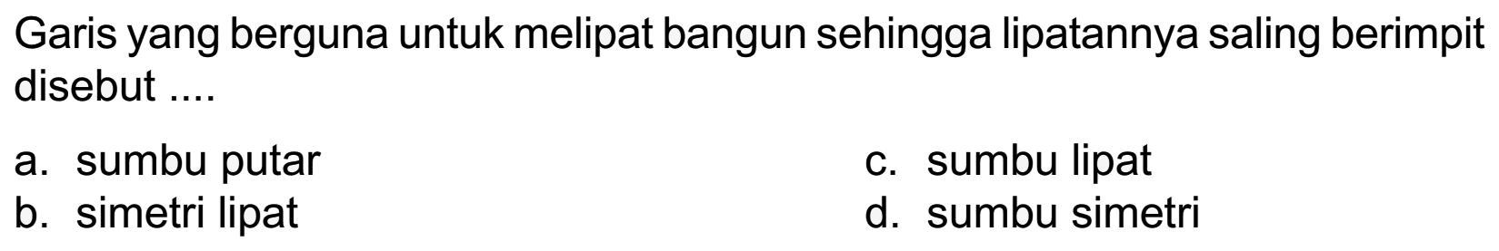 Garis yang berguna untuk melipat bangun sehingga lipatannya saling berimpit disebut ....
