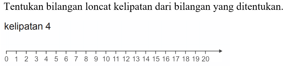 Tentukan bilangan loncat kelipatan dari bilangan yang ditentukan. kelipatan 4