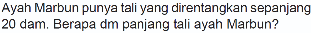 Ayah Marbun punya tali yang direntangkan sepanjang 20 dam. Berapa dm panjang tali ayah Marbun?