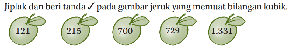 Jiplak dan beri tanda pada gambarjeruk yang memuat bilangan kubik 121 215 700 729 1.331