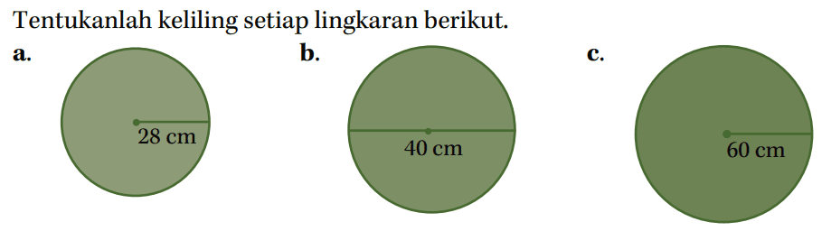 Tentukanlah keliling setiap lingkaran berikut. a. 28 cm b. 40 cm c. 60 cm