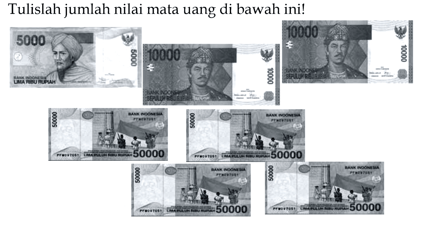 Tulislah jumlah nilai mata uang di bawah ini! 5000 10000 10000 50000 50000 50000 50000