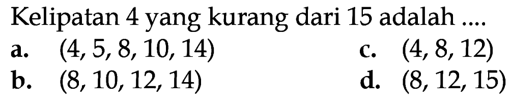 Kelipatan 4 yang kurang dari 15 adalah ....