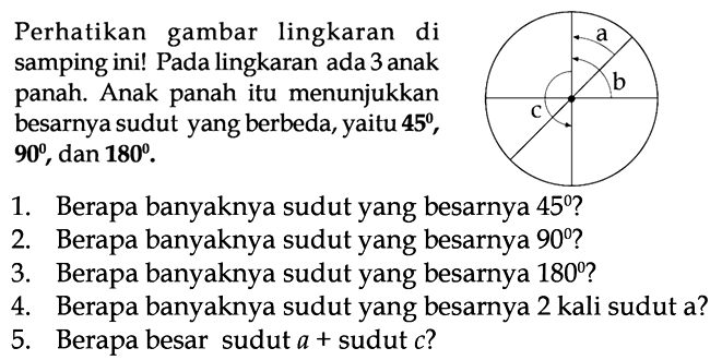 Perhatikan gambar lingkaran di samping ini! Pada lingkaran ada 3 anak panah. Anak panah itu menunjukkan besarnya sudut yang berbeda, yaitu  45 ,  90 , dan  180 .
1. Berapa banyaknya sudut yang besarnya  45  ?
2. Berapa banyaknya sudut yang besarnya  90  ?
3. Berapa banyaknya sudut yang besarnya  180  ?
4. Berapa banyaknya sudut yang besarnya 2 kali sudut a?
5. Berapa besar sudut  a+  sudut  c  ?