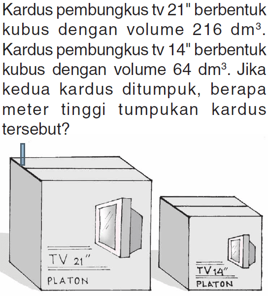 Kardus pembungkus tv 21" berbentuk kubus dengan volume 216 dm^3. Kardus pembungkus tv 14" berbentuk kubus dengan volume 64 dm^3. Jika kedua kardus ditumpuk, berapa meter tinggi tumpukan kardus tersebut?