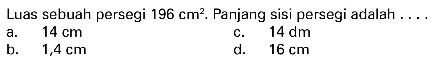 Luas sebuah persegi 196 cm^2. Panjang sisi persegi adalah ...