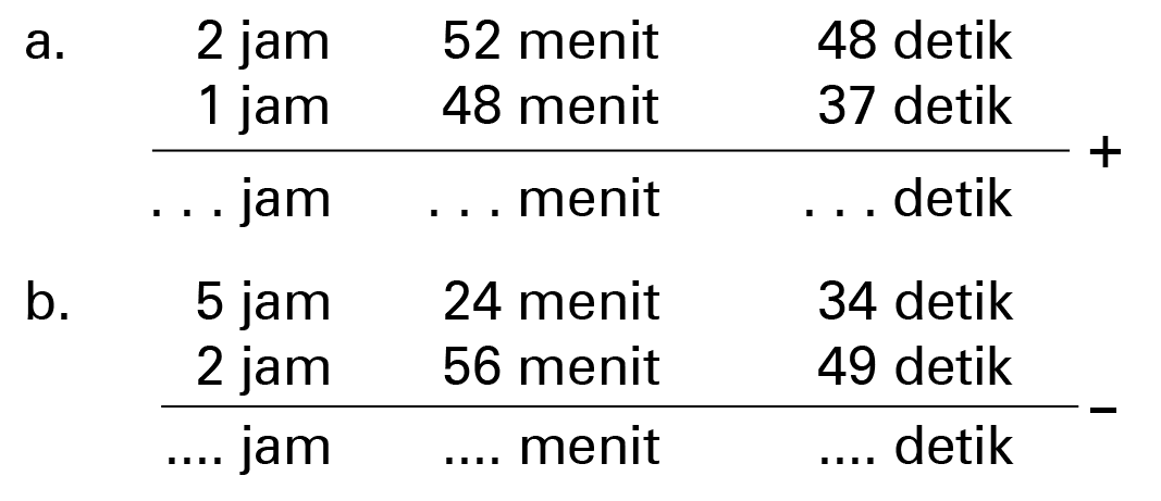 2 jam 52 menit 48 detik a. 1 jam 48 menit 37 detik jam menit detik b_ 5 jam 24 menit 34 detik 2 jam 56 menit 49 detik jam menit detik