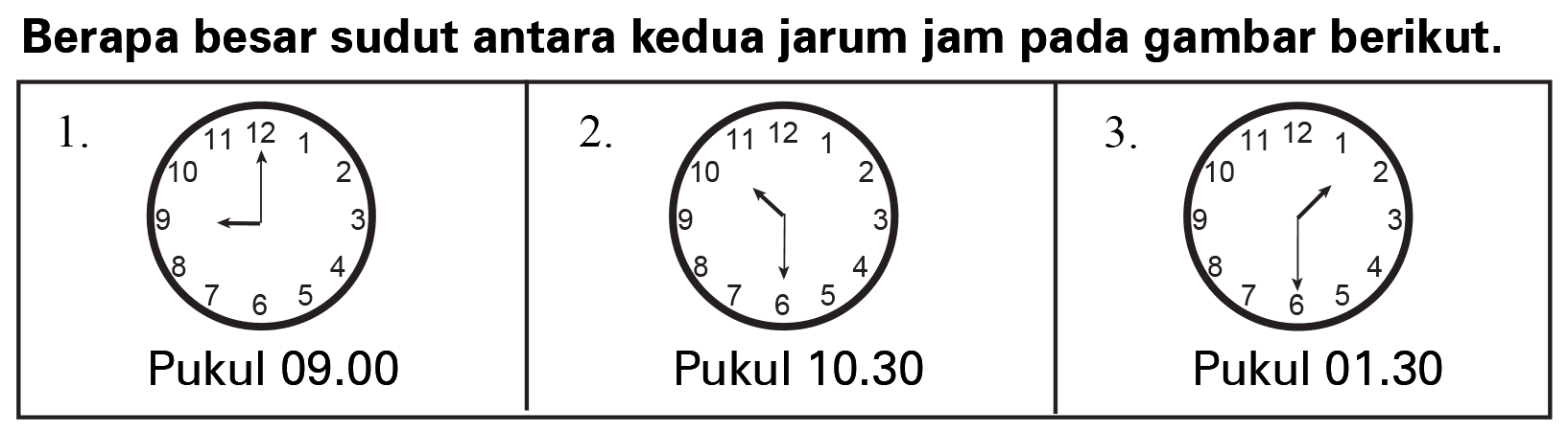 Berapa besar sudut antara kedua jarum jam pada gambar berikut. 1. Pukul 09.00 2. Pukul 10.30 3. Pukul 01.30