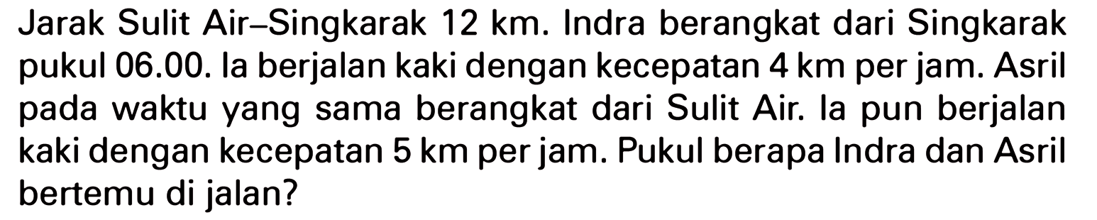 Jarak Sulit Air-Singkarak 12 km. Indra berangkat dari Singkarak pukul 06.00. la berjalan kaki dengan kecepatan 4 km per jam. Asril pada waktu yang sama berangkat dari Sulit Air. la pun berjalan kaki dengan kecepatan 5 km per jam. Pukul berapa Indra dan Asril bertemu di jalan?