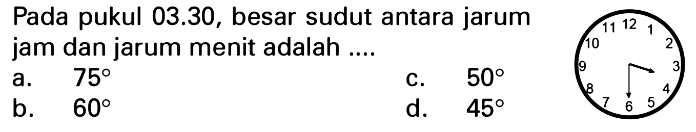 Pada pukul 03.30, besar sudut antara jarum jam dan jarum menit adalah