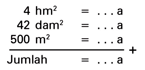 4 hm^2 = . . . a
 42 dam^2 = . . . a
 500 m^2 = . . . a
 _____________ +
 Jumlah = . . . a