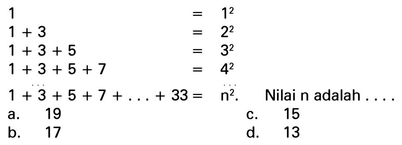 1 = 1^2
 1 + 3 = 2^2
 1 + 3 + 5 = 3^2
 1 + 3 + 5 + 7 = 4^2
 
 1 + 3 + 5 + 7 + ... + 33 = n^2.
 Nilai n adalah . . . .