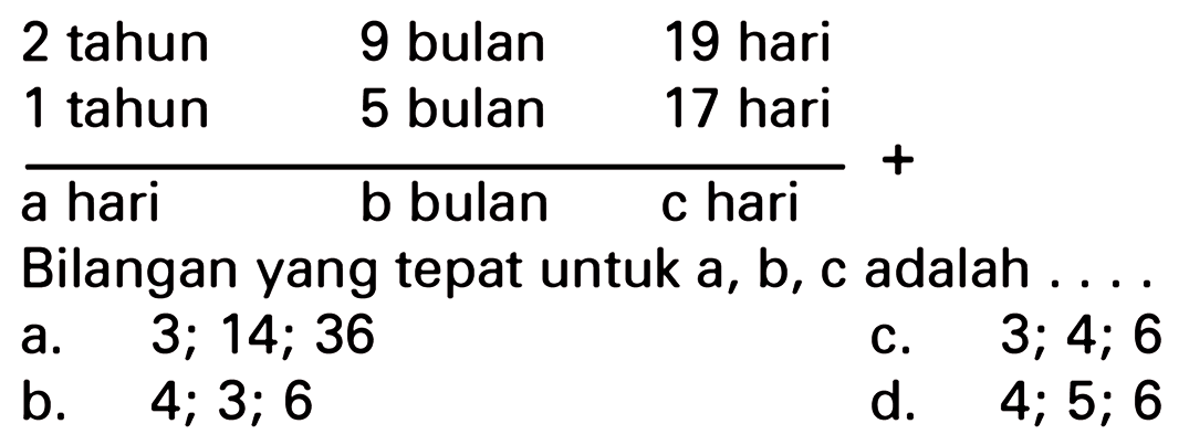 2 tahun 9 bulan 19 hari 1 tahun 5 bulan 17 hari + a hari b bulan c hari. Bilangan yang tepat untuk a, b, c adalah