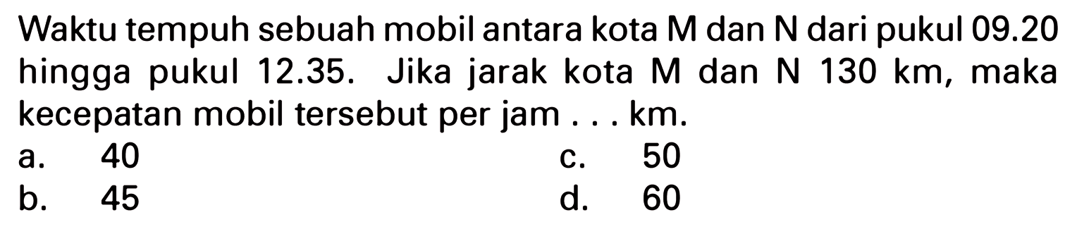 Waktu tempuh sebuah mobil antara kota M dan N dari pukul 09.20 hingga pukul 12.35. Jika jarak kota M dan N 130 km, maka kecepatan mobil tersebut per jam ....km.