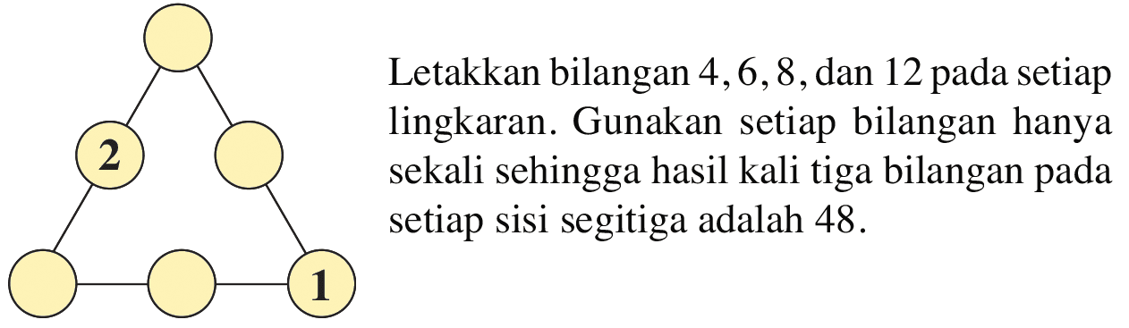 Letakkan bilangan 4, 6, 8, dan 12 pada setiap lingkaran. Gunakan setiap bilangan hanya sekali sehingga hasil kali tiga bilangan pada setiap sisi segitiga adalah 48.