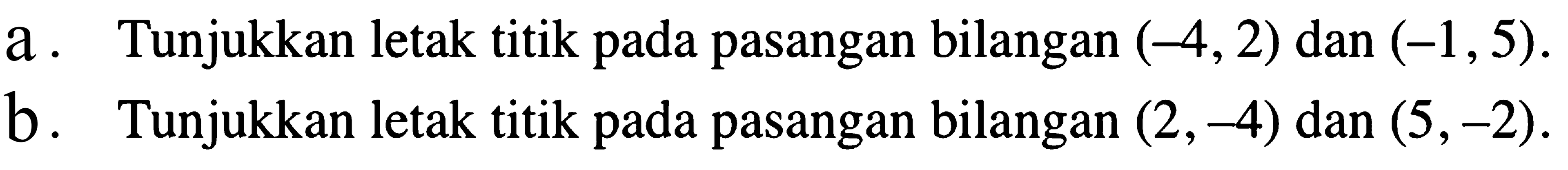a. Tunjukkan letak titik pada pasangan bilangan (-4,2) dan (-1,5).
b. Tunjukkan letak titik pada pasangan bilangan (2,-4) dan (5,-2).