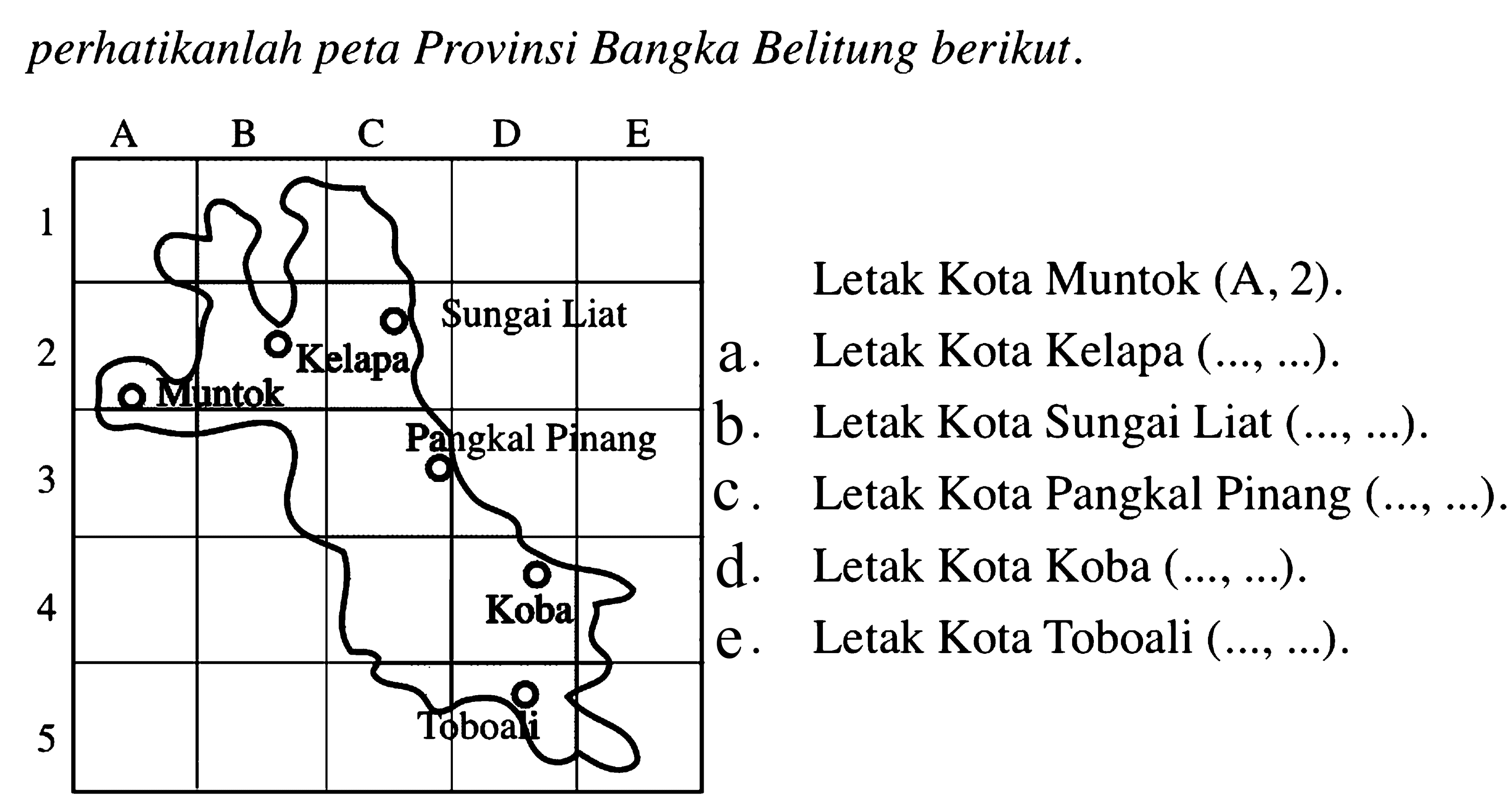 perhatikanlah peta Provinsi Bangka Belitung berikut.
A B C D E 1 2 3 4 5 Muntok Kelapa Sungai Liat Pangkal Pinang Koba Toboali 
Letak Kota Muntok (A,2) 
a.  Letak Kota Kelapa (...., ...) 
b. Letak Kota Sungai Liat (...., ...) 
c.  Letak Kota Pangkal Pinang (...., ...) 
d. Letak Kota Koba (...., ...)
e.  Letak Kota Toboali (...., ...) 
 