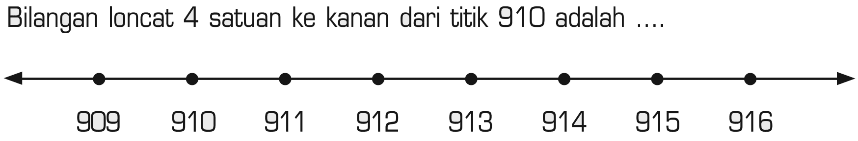 Bilangan loncat 4 satuan ke kanan dari titik 910 adalah 909 910 911 912 913 914 915 916