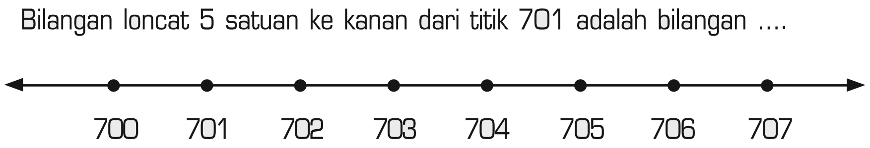 Bilangan loncat 5 satuan ke kanan dari titik 701 adalah bilangan 700 701 702 703 704 705 706 707