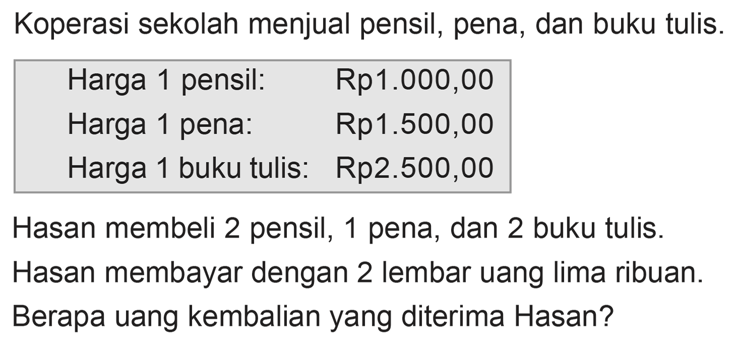 Koperasi sekolah menjual pensil, pena, dan buku tulis. Harga 1 pensil: Rp1.000,00 Harga 1 pena: Rp1.500,00 Harga 1 buku tulis: Rp2.500,00 Hasan membeli 2 pensil, 1 pena, dan 2 buku tulis. Hasan membayar dengan 2 lembar uang Iima ribuan. Berapa uang kembalian yang diterima Hasan?