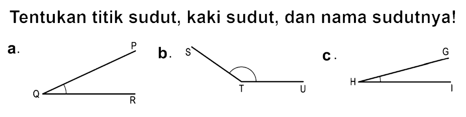 Tentukan titik sudut, kaki sudut, dan nama sudutnya!
a.
b.
c.