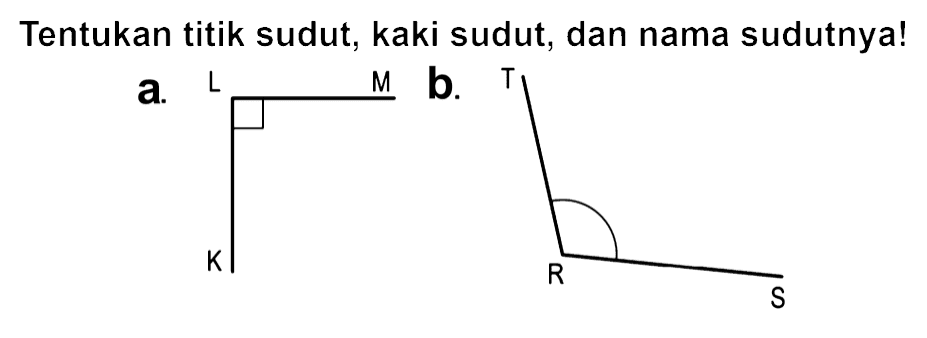 Tentukan titik sudut, kaki sudut, dan nama sudutnya!
a.
b.