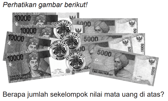 Perhatikan gambar berikut! 
10000 10000 10000 10000 
1000 1000 1000 1000 
5000 5000 5000 5000 
Berapa jumlah sekelompok nilai mata uang di atas?