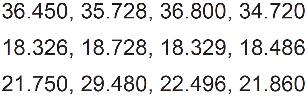  36.450, 35.728, 36.800, 34.720 
 18.326, 18.728, 18.329, 18.486 
 21.750, 29.480, 22.496, 21.860 