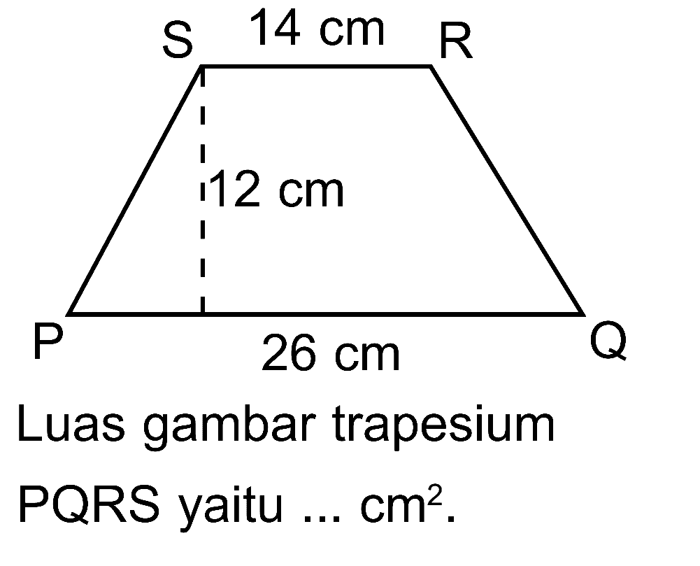 14 cm S R 12 cm 26 cm Luas gambar trapesium PQRS yaitu ... cm^2.